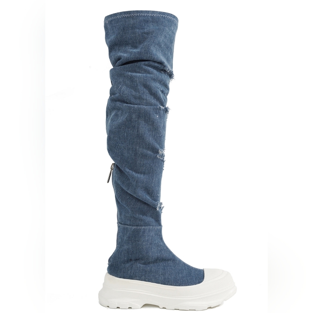 Cape Robbin Distressed Denim Blue Over-the-Knee Sock Boots with White Platform - Picture 2 of 12
